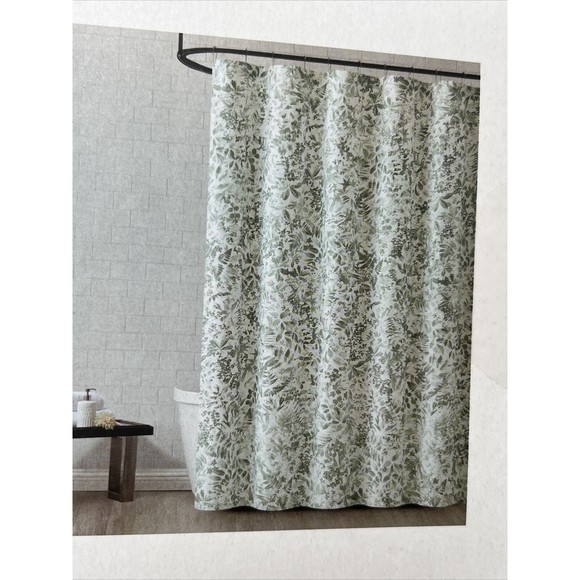 Tommy Hilfiger Botanical Cotton Blend Shower Curtain Green Flowers Leaves White - Picture 3 of 6